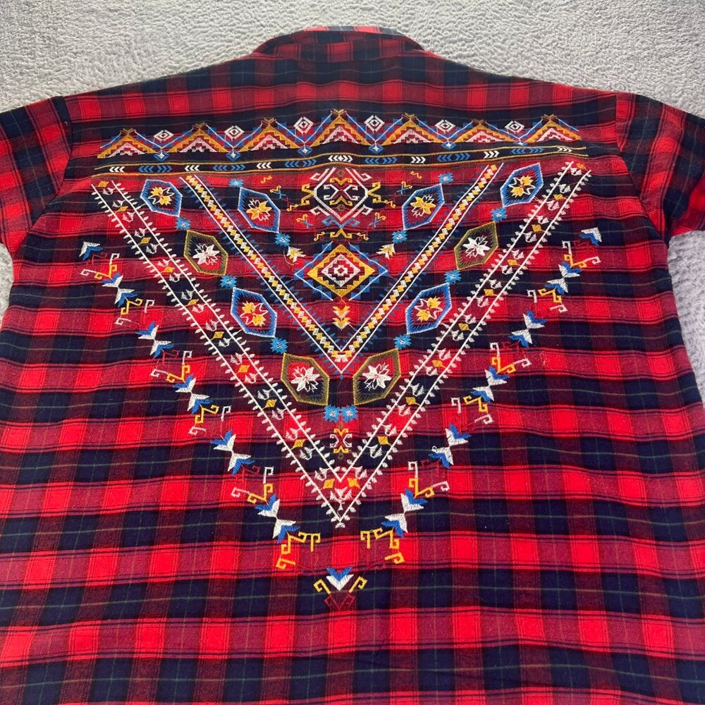 Umgee USA Top Womens Small Red Plaid Embroidered Flannel Button Aztec Western - Picture 9 of 9